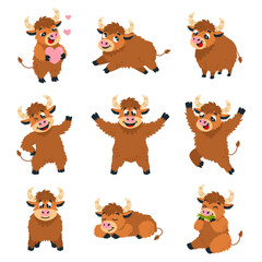 Yak characters. Cartoon yaks, funny farm animals various poses. Animal expression, cattle characters jumping, sleeping, holding heart, classy vector clipart