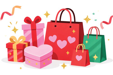 Vector illustration of a collection of colorful gift boxes and shopping bags with hearts and ribbons, perfect for celebrations and shopping