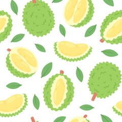 Durian fruit seamless pattern. Vibrant exotic fruits design, whole and cutting raw ingredients. Bright print for wallpaper, fabric, wrapping, racy vector background
