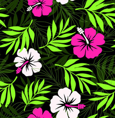 Vector seamless pattern Exotic   wallpaper of tropical flowers  green leaves of palm trees and flowers, hibiscus, artwork for fabrics, souvenirs, packaging, greeting cards 