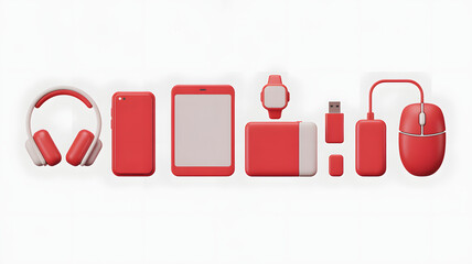 Isometric Gadgets Set Red Minimalist Electronic Devices Various Tech Isolated on White