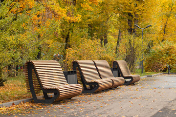 Wooden benches in a park surrounded by autumn foliage. The scene features vibrant yellow and orange leaves on trees, creating a serene outdoor atmosphere.