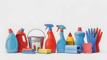 Household cleaning supplies 3D composition of bottles bucket brush sponge gloves and cloth