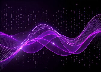 Abstract flowing purple digital wave of light particles and geometric shapes against a dark background symbolizing data and technology