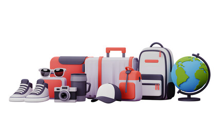Travel Items Set Journey Elements Vacation Gear Accessories Render on White