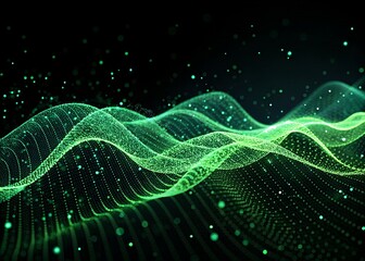 Abstract glowing green digital wave pattern with shimmering particles and data streams against a dark background representing technology and science