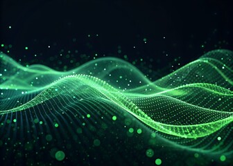 Abstract glowing green digital wave patterns with shimmering particles against a dark background representing data flow and technology