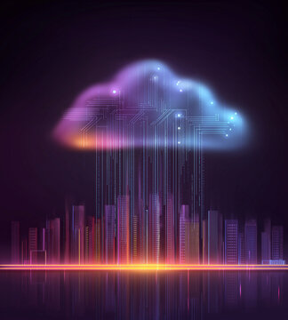 vector illustration of a cloud with binary code raining down on a city skyline, with a circuit board background and glowing neon lights