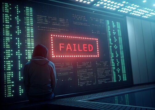 Lone hooded figure in dark futuristic room gazes at a large glowing red neon sign displaying the word failed