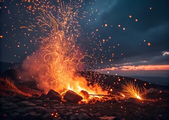 Vibrant bonfire erupting with glowing embers and sparks against a twilight sky with distant stars and a faint sunset glow