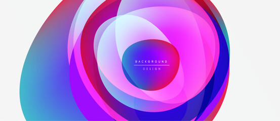 Abstract colorful layers create dynamic circular design. Vibrant gradients blend, forming modern background element. Smooth shapes suggest movement, energy.