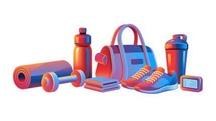 Vibrant Gym Gear Collection Fitness Equipment Essentials Isolated on White Backdrop