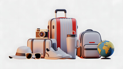 Travel accessories 3D render composition including luggage backpack camera globe shoes hat