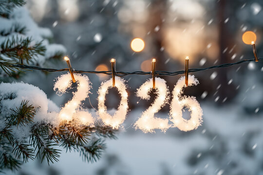 A stylized and creative image for PF 2026 Christmas: a snowy landscape at twilight with the numbers "2026" subtly formed from glowing string lights