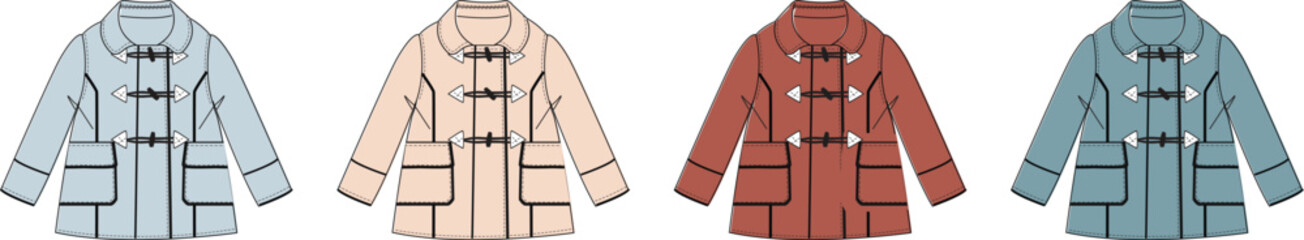 Variety of Fashionable Winter Coats in Pastel Colors, Featuring Classic Toggle Closures, Front Pockets, and Stylish Design