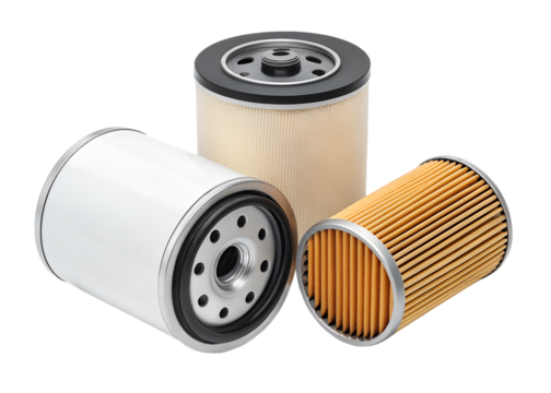 Three automotive oil filters arranged on a transparent background showcasing their internal pleated paper elements and metallic housings for engine maintenance