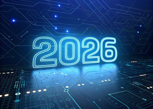 Glowing neon blue 2026 text illuminates a futuristic digital circuit board with blurry lights and dark background