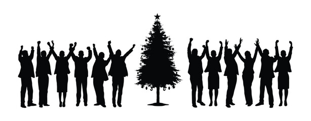 People in suit cheering celebrating christmas together with christmas tree black silhouettes on white background.