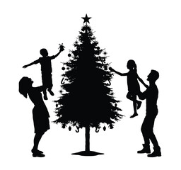 Family decorating christmas tree black silhouettes vector illustration.