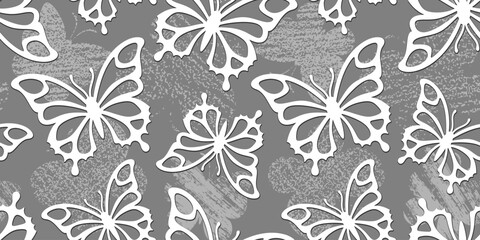 White openwork butterflies on a gray background with grunge butterfly silhouettes. Endless texture with abstract cute insect. Vector seamless pattern for wrapping paper, cover, surface texture, print