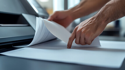 Hands organize fresh prints, a mix of crisp white sheets and documents. It shows the process from a printer to sorted stacks, the essence of office documentation.