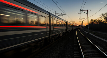 Naklejka premium Long exposure captures a modern train speeding along tracks at dusk, vibrant light trails illuminating its rapid journey through the serene evening landscape