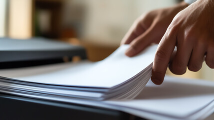 Hands interacting with a stack of white paper atop a printer, illuminated by natural light, showcasing office tasks, documentation and precision in handling materials, paperwork.