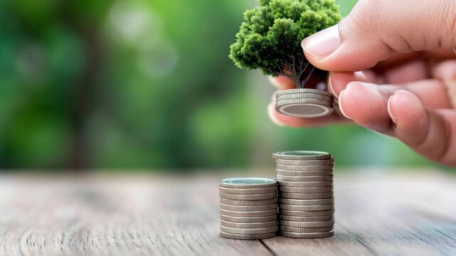 A hand places a coin with a tiny green tree on top of stacked money, showing simple, positive financial growth and saving for the future.
