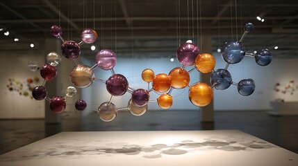 A chemistry-themed art installation with suspended molecules 