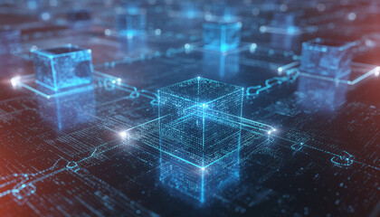 Blockchain and financial technology network, decentralized data structure, glowing cube chains, futuristic economy concept.