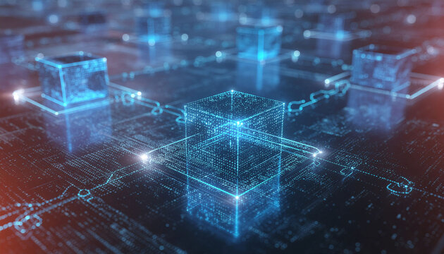 Blockchain and financial technology network, decentralized data structure, glowing cube chains, futuristic economy concept.