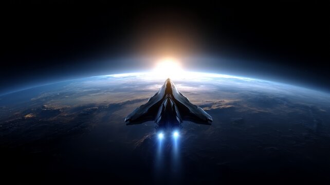 Spaceship orbiting earth at sunrise. AI generated