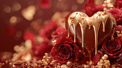 A romantic scene featuring a chocolate heart dripping with golden syrup, surrounded by red roses and soft bokeh lights, perfect for Valentine's Day.