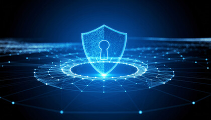 Digital data security shield with keyhole symbol representing cyber protection and network safety in a modern digital world