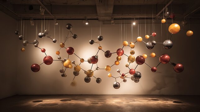 A chemistry-themed art installation with suspended molecules 