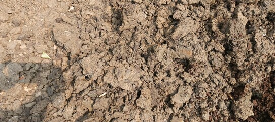 Close up of rough brown soil with clumps and shadows dirt earth