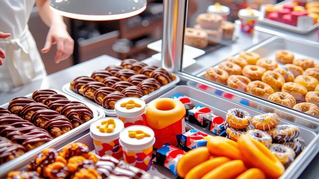 Chocolate pastry striped icing glazed donut custard tart bakery display sweet dessert assorted pastry sugar glaze colorful treat indulgent snack