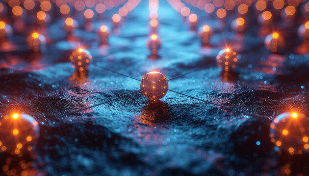 Dynamic digital network connecting glowing spheres with vibrant energy pulses, representing futuristic data flow and complex systems