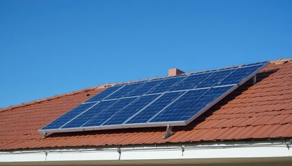 Modern solar panels installed on a terracotta tiled roof generating clean energy under a bright blue sky