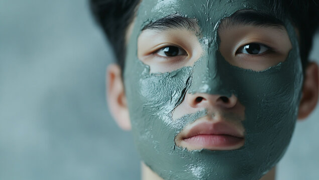 Close up of asian man with a clay mask on his face isolated on white background