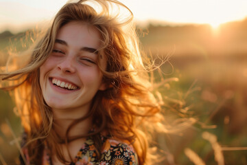 Authentic portrait of a young woman laughing in warm sunset light &ndash; natural lifestyle emotion