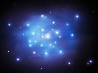 Cluster of blue stars in a nebula with cosmic dust. A bright constellation with a cloud of interstellar gas in space.