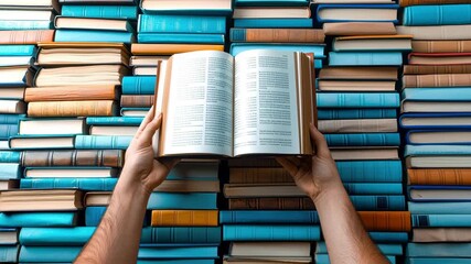 Open book hands pages stack books library reading study literature knowledge learning inspire curiosity and focus among blue books as hands hold open - Powered by Adobe