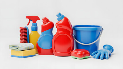 Variety of cleaning products on white background representing household sanitation supplies