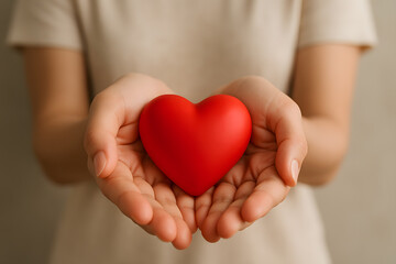 Obraz premium Woman's Cupped Hands Gently Holding a Bright Red Heart Symbolizing Health and Care