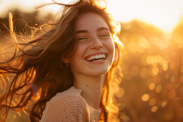 Authentic portrait of a young woman laughing in warm sunset light &ndash; natural lifestyle emotion