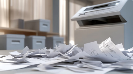 Office chaos: Paper documents scattered across a desk, overshadowed by a printer and storage boxes. The scene captures a sense of clutter and overwhelming paperwork.