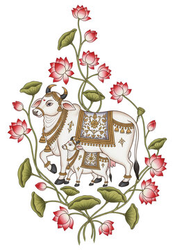 Indian Folk Art Illustration of a Decorated Cow Among Lotus Flowers Framed by Floral Vine