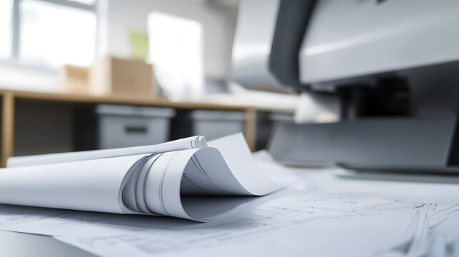 Workspace featuring blueprints on a desk, computer monitor, shelf, and window. Clean architectural drawings and interior design concept; focus on creative professional.