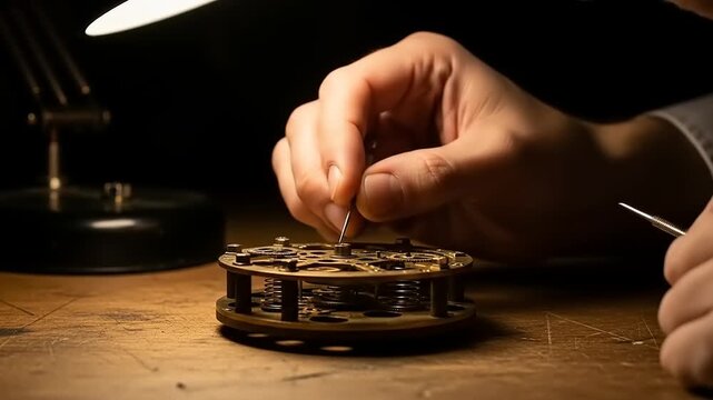 Close-up of a watchmaker meticulously repairing a vintage clockwork mechanism under a lamp.